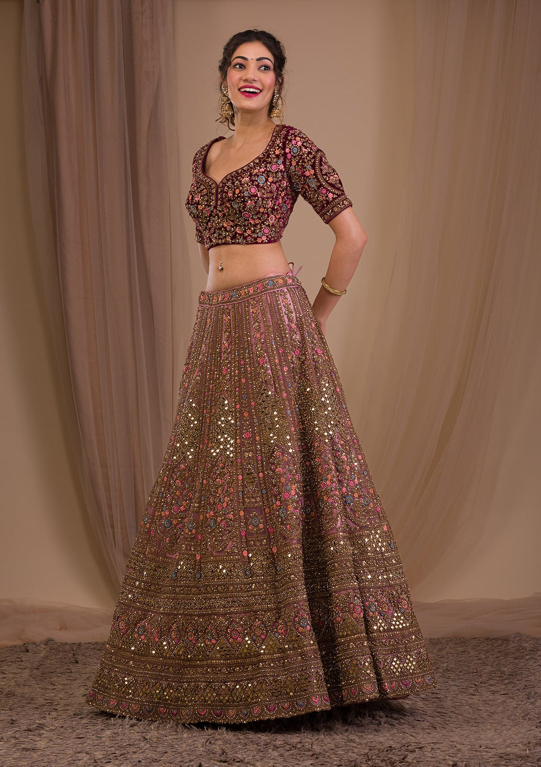 Onion Pink Zariwork Raw Silk Readymade Lehenga-Koskii