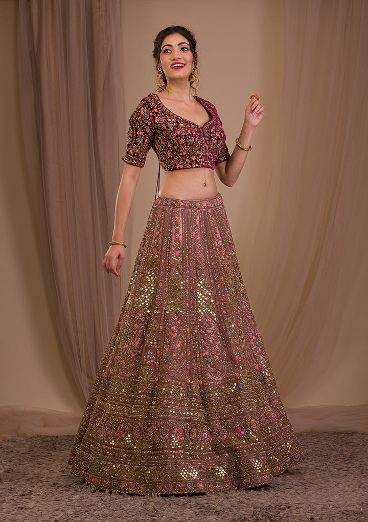 Onion Pink Zariwork Raw Silk Readymade Lehenga-Koskii