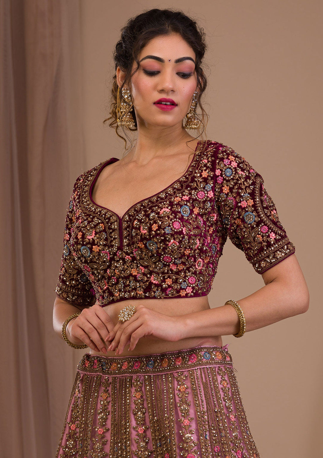 Onion Pink Zariwork Raw Silk Readymade Lehenga-Koskii