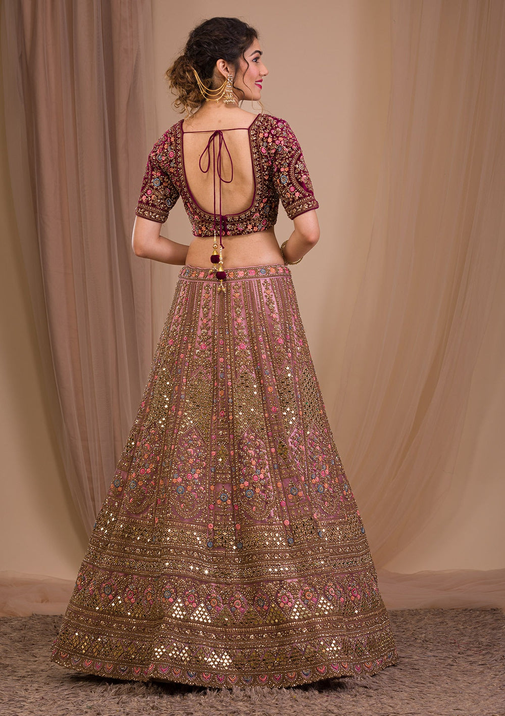 Onion Pink Zariwork Raw Silk Readymade Lehenga-Koskii