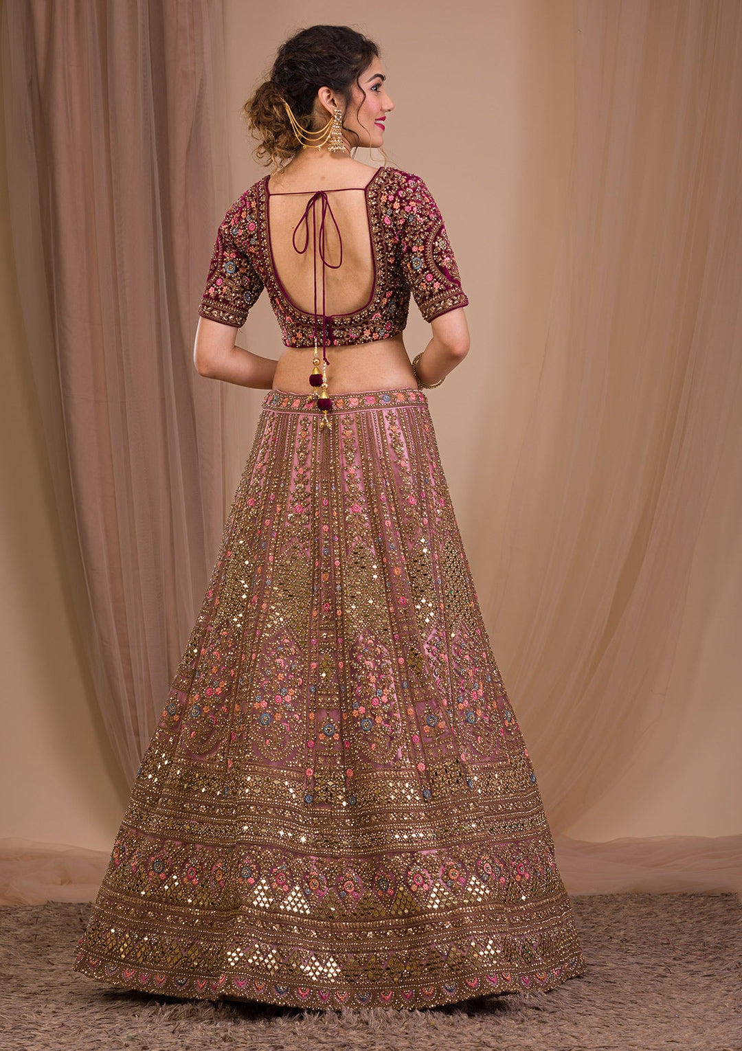 Onion Pink Zariwork Raw Silk Readymade Lehenga-Koskii