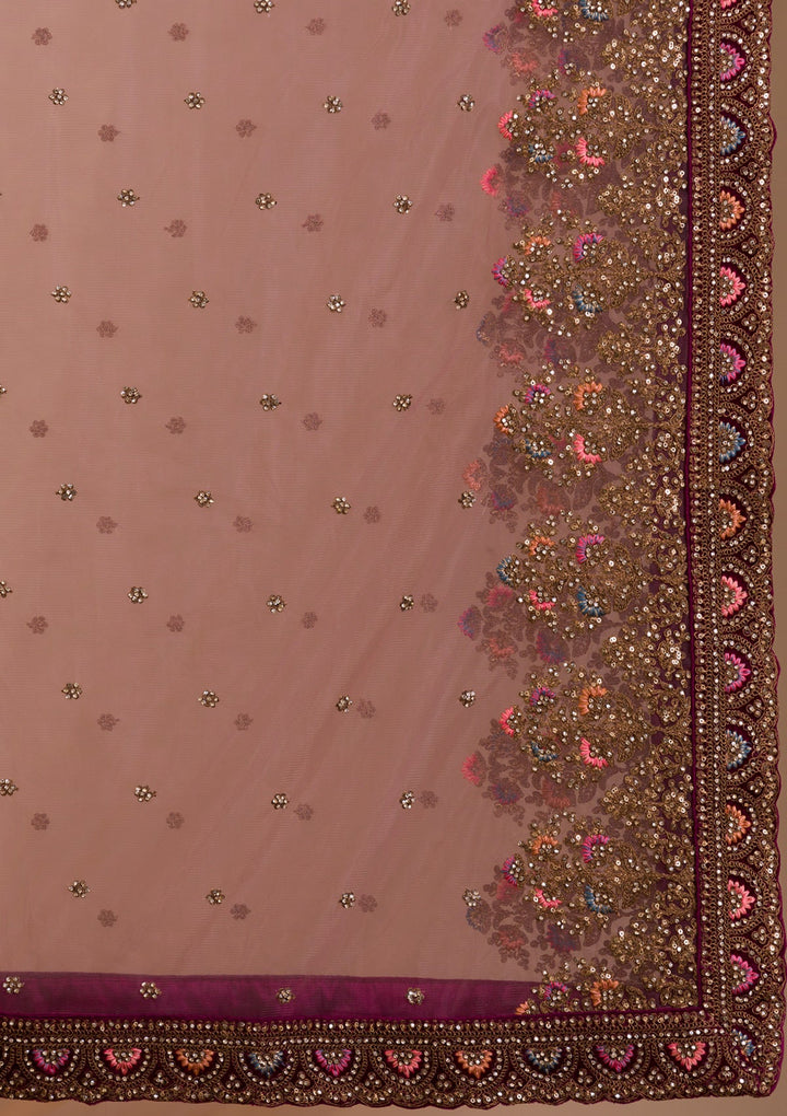 Onion Pink Zariwork Raw Silk Readymade Lehenga-Koskii