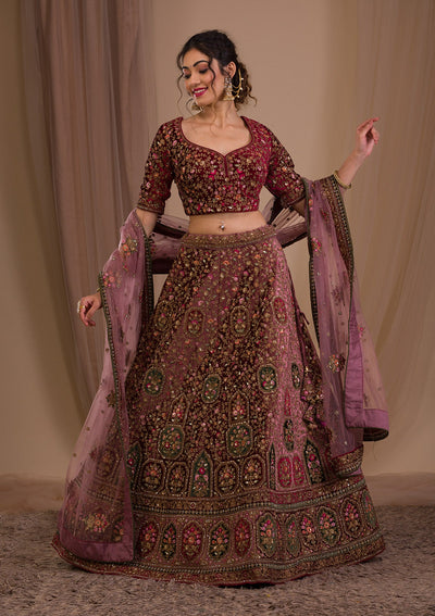 Onion Pink Zariwork Velvet Readymade Lehenga-Koskii
