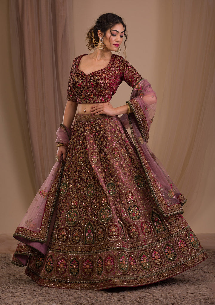 Onion Pink Zariwork Velvet Readymade Lehenga-Koskii