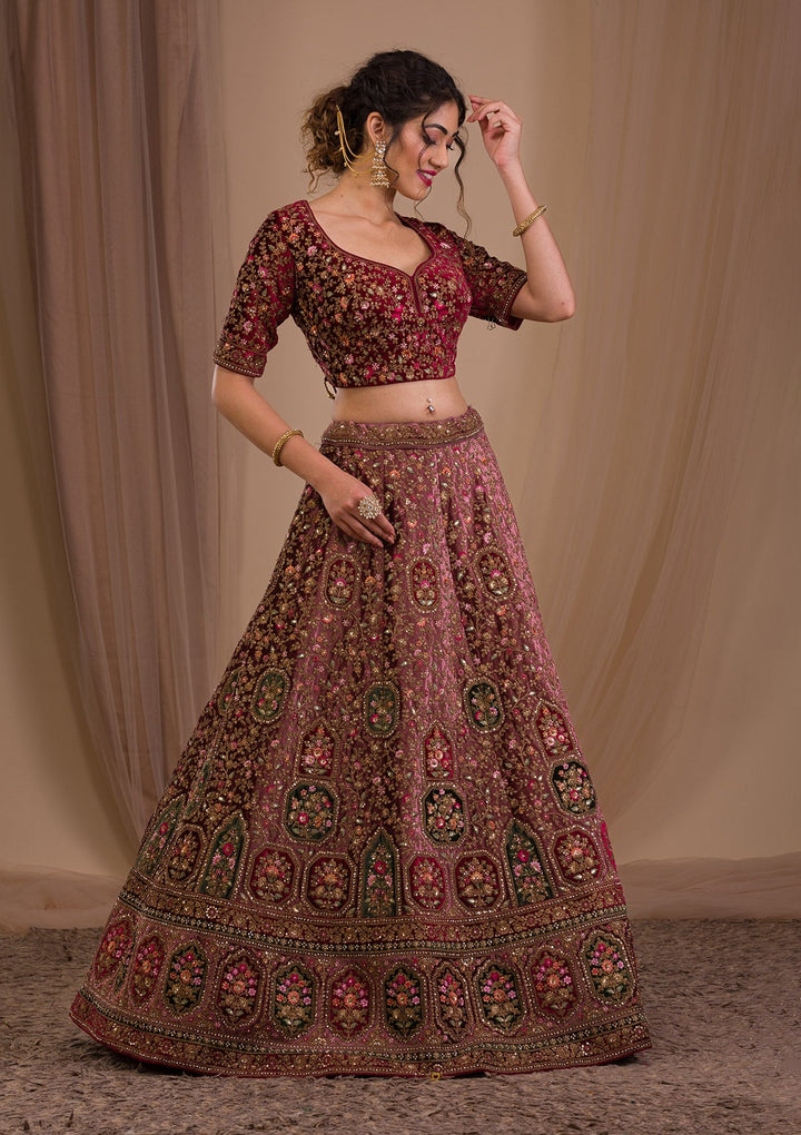 Onion Pink Zariwork Velvet Readymade Lehenga-Koskii