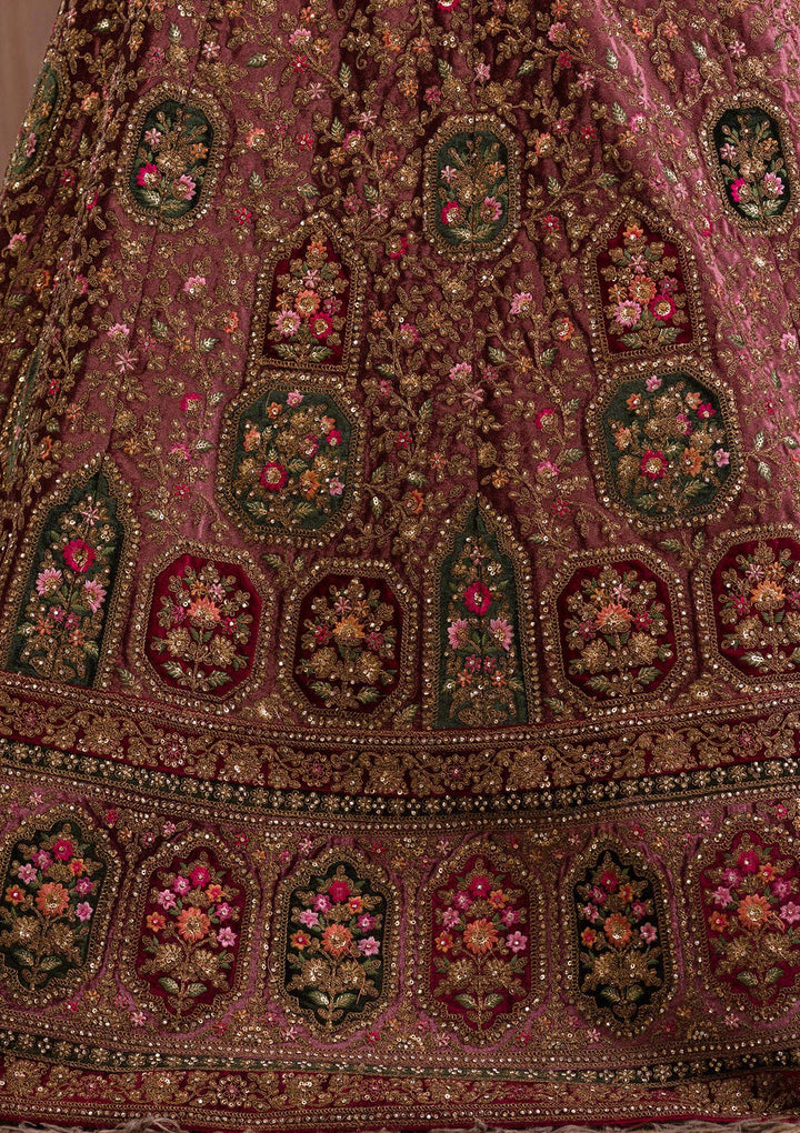 Onion Pink Zariwork Velvet Readymade Lehenga-Koskii