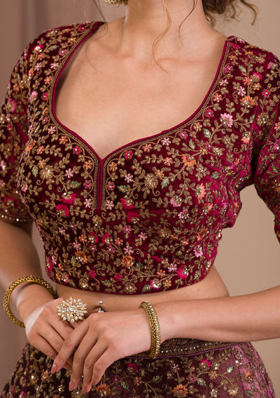 Onion Pink Zariwork Velvet Readymade Lehenga-Koskii