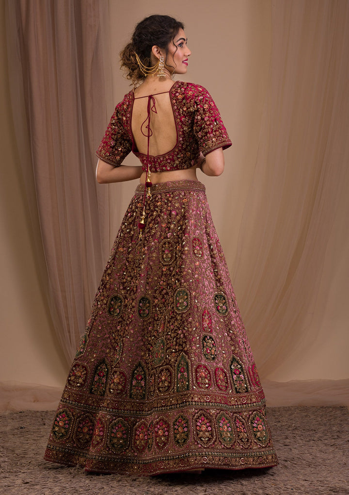 Onion Pink Zariwork Velvet Readymade Lehenga-Koskii