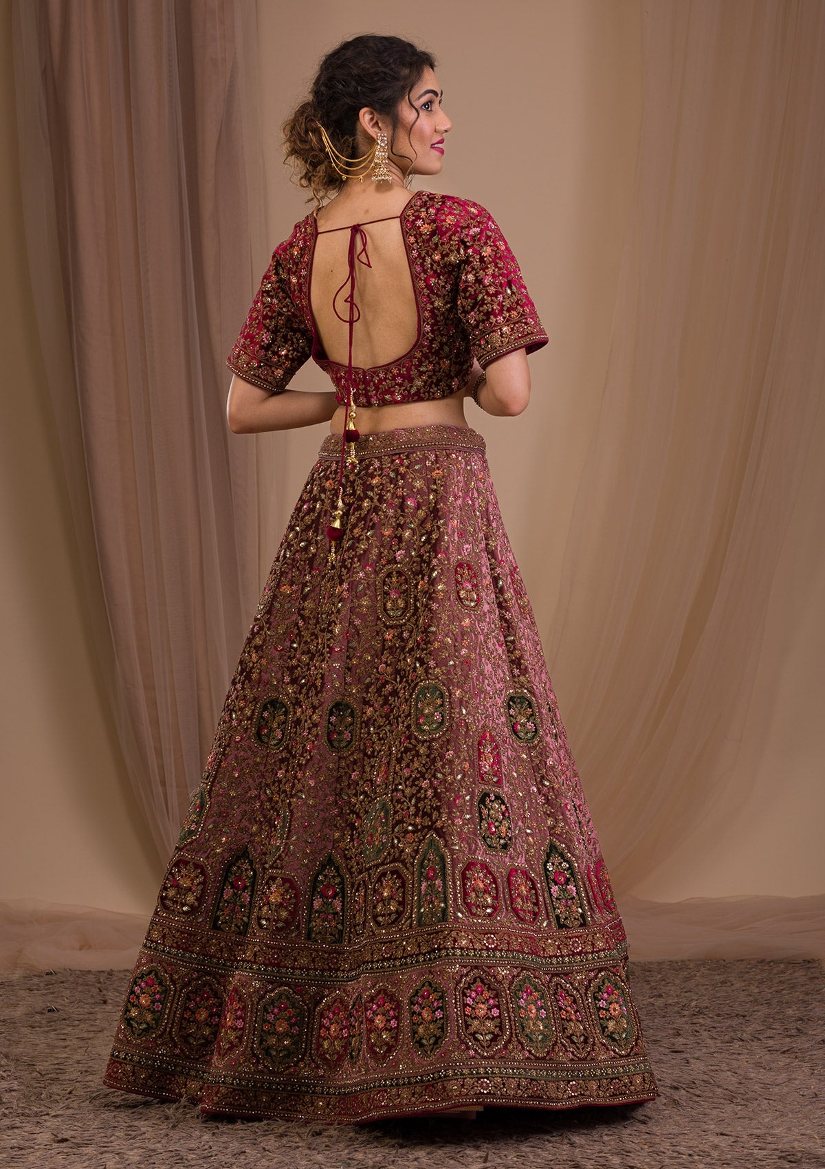 Onion Pink Zariwork Velvet Readymade Lehenga-Koskii