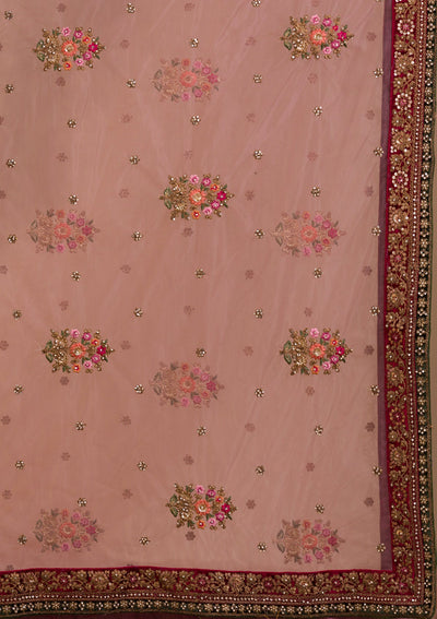 Onion Pink Zariwork Velvet Readymade Lehenga-Koskii