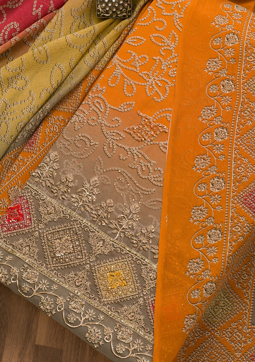 Orange Bandhani Crepe Unstitched Salwar Kameez-Koskii