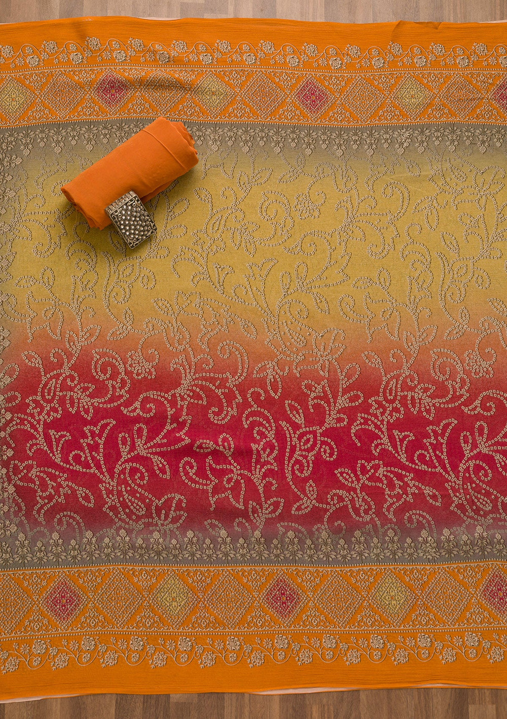 Orange Bandhani Crepe Unstitched Salwar Kameez-Koskii