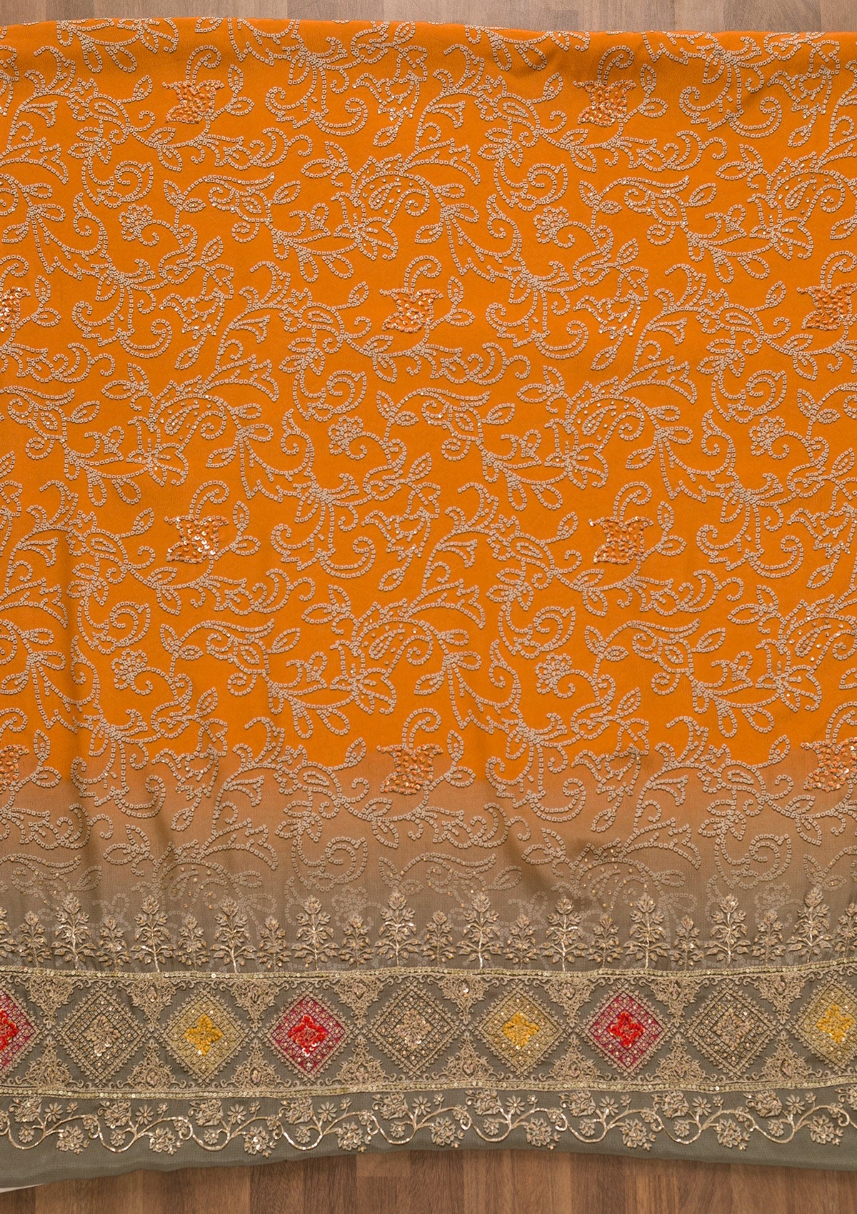 Orange Bandhani Crepe Unstitched Salwar Kameez-Koskii