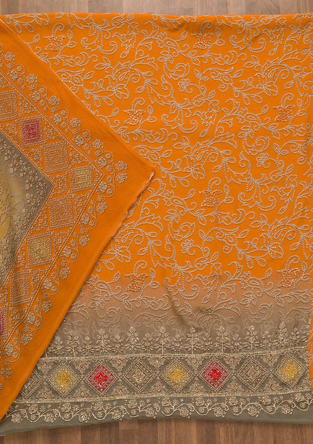 Orange Bandhani Crepe Unstitched Salwar Kameez-Koskii