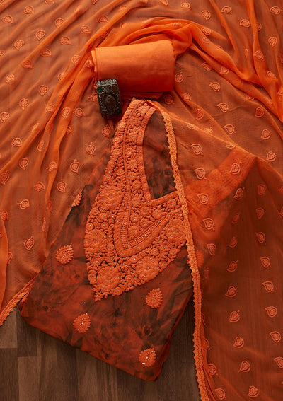 Orange Chikankari Chiffon Designer Unstitched Salwar Suit - Koskii