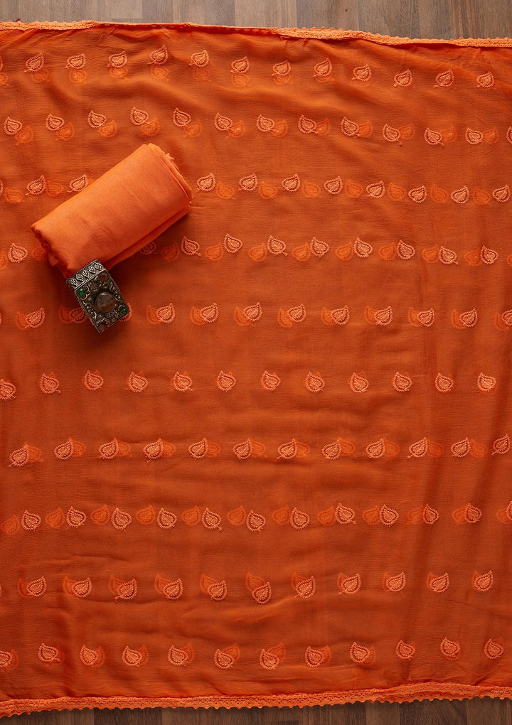 Orange Chikankari Chiffon Designer Unstitched Salwar Suit - Koskii