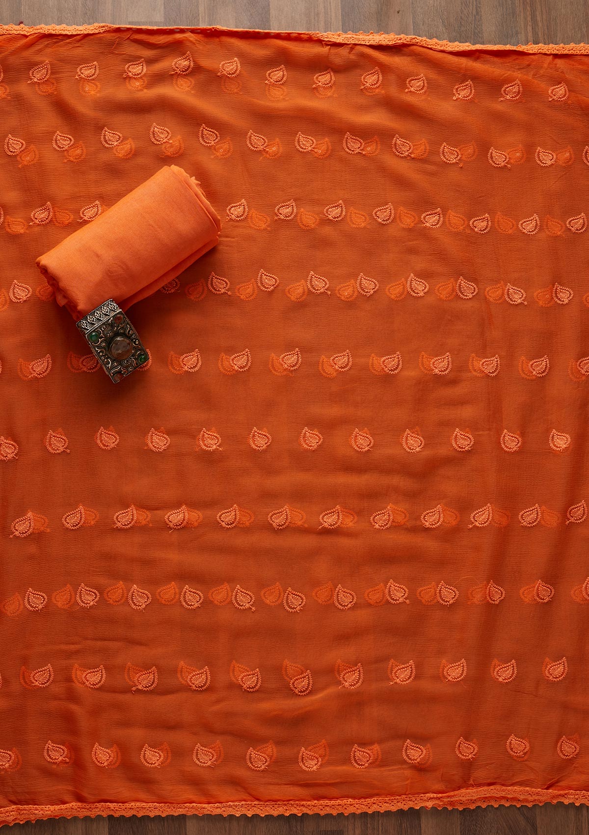 Orange Chikankari Chiffon Designer Unstitched Salwar Suit - Koskii