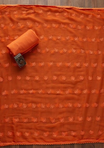 Orange Chikankari Chiffon Designer Unstitched Salwar Suit - Koskii