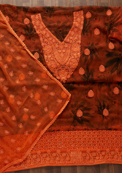 Orange Chikankari Chiffon Designer Unstitched Salwar Suit - Koskii