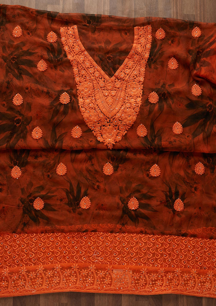 Orange Chikankari Chiffon Designer Unstitched Salwar Suit - Koskii