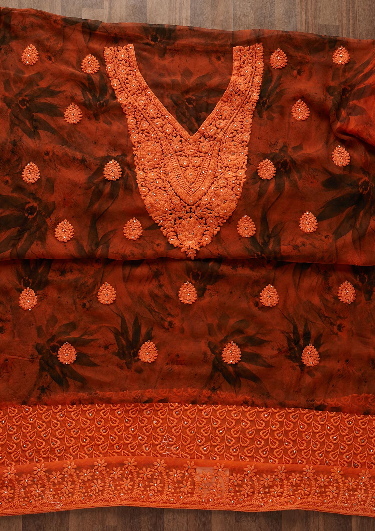 Orange Chikankari Chiffon Designer Unstitched Salwar Suit - Koskii