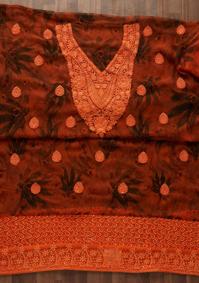 Orange Chikankari Chiffon Designer Unstitched Salwar Suit - Koskii
