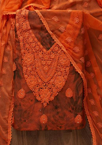 Orange Chikankari Chiffon Designer Unstitched Salwar Suit - Koskii