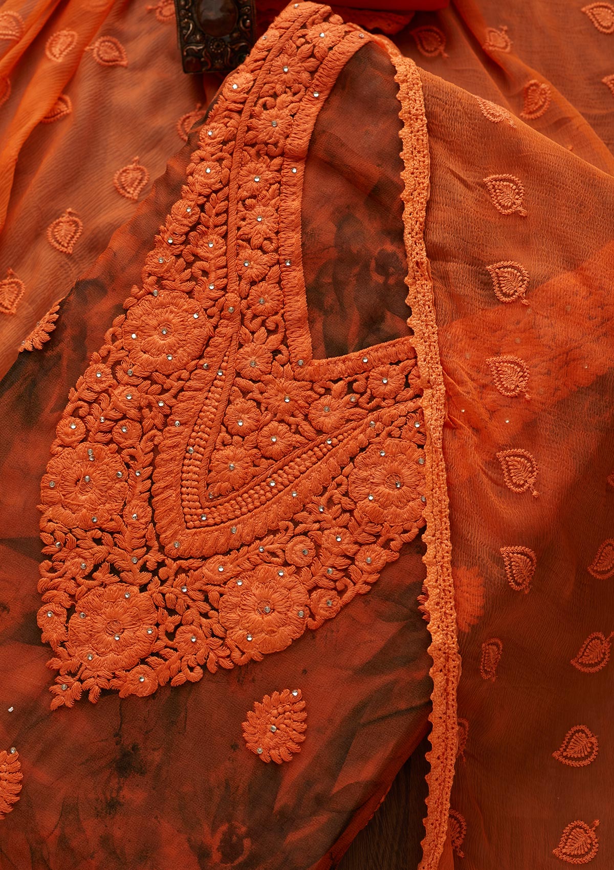 Orange Chikankari Chiffon Designer Unstitched Salwar Suit - Koskii