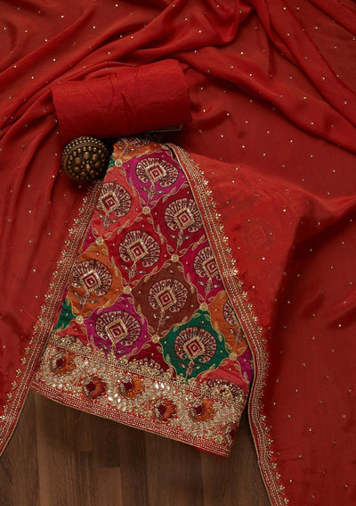 Orange Cutdana Semi Crepe Unstitched Salwar Suit- Koskii
