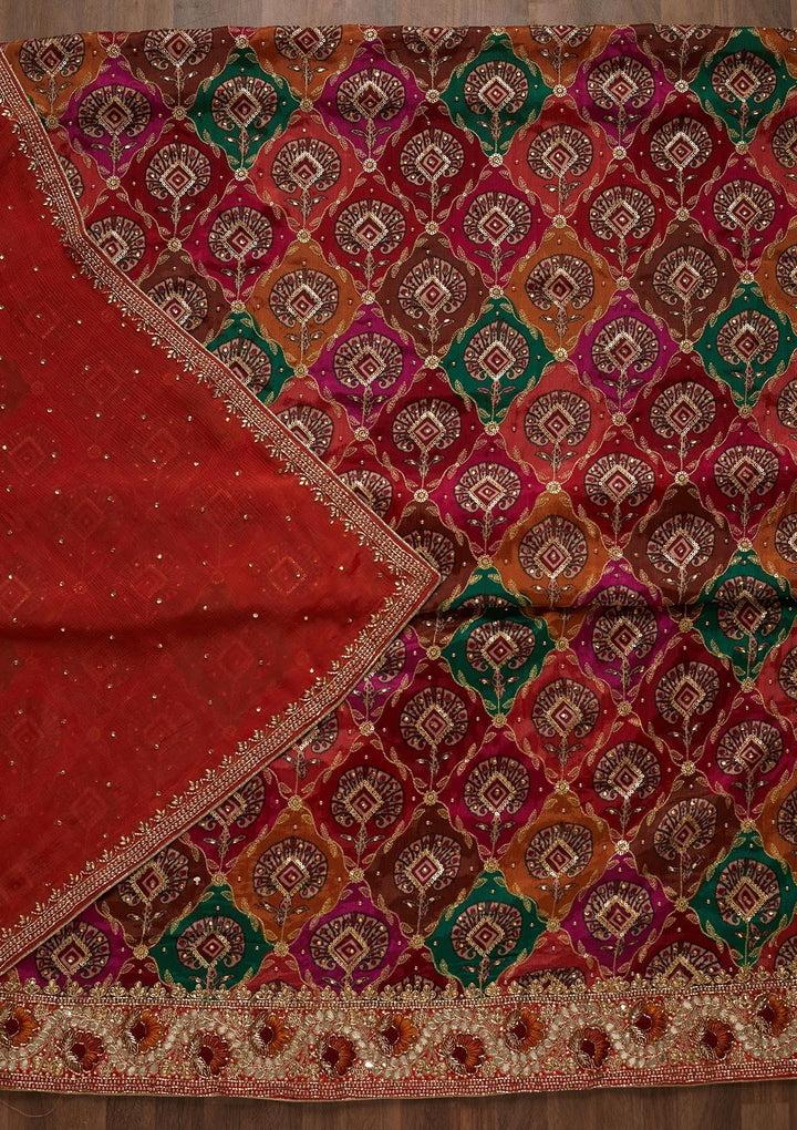 Orange Cutdana Semi Crepe Unstitched Salwar Suit - Koskii