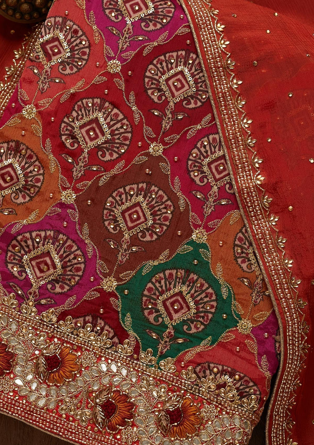 Orange Cutdana Semi Crepe Unstitched Salwar Suit - Koskii