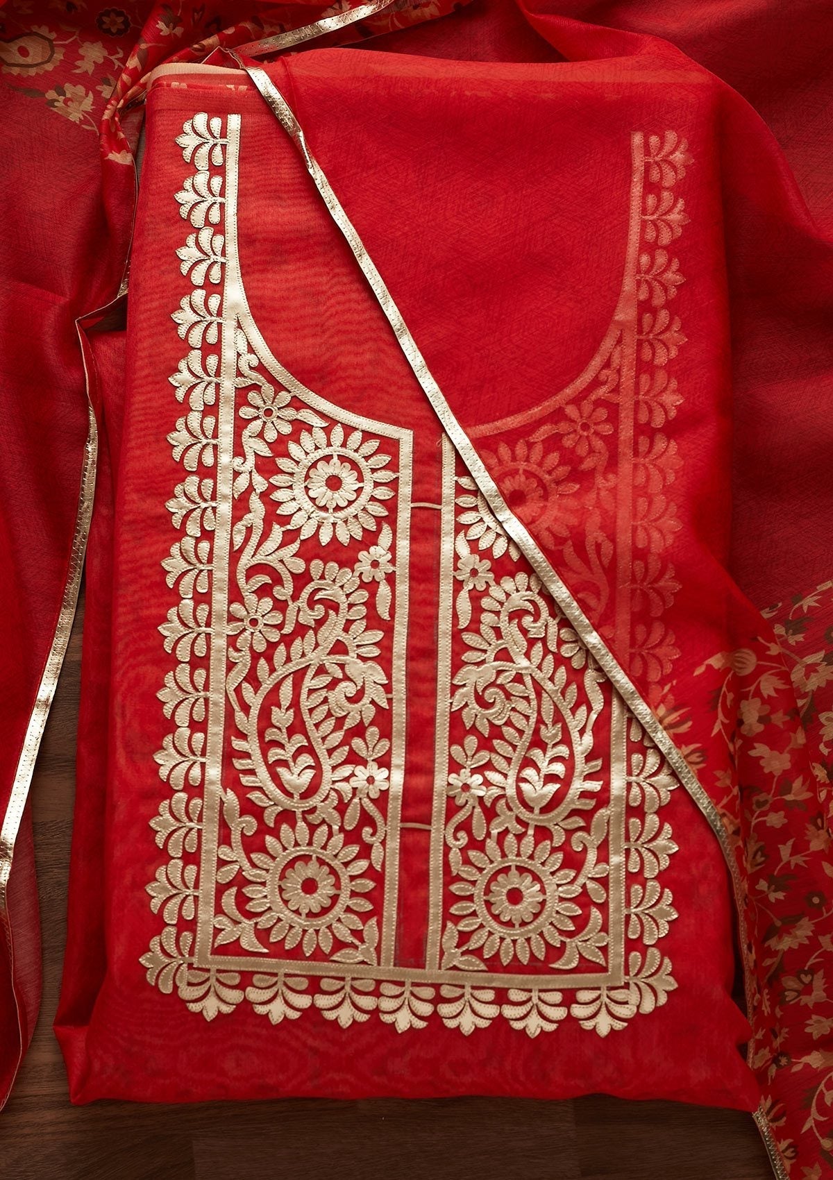 Orange Gotapatti Semi Crepe Designer Unstitched Salwar Suit - Koskii