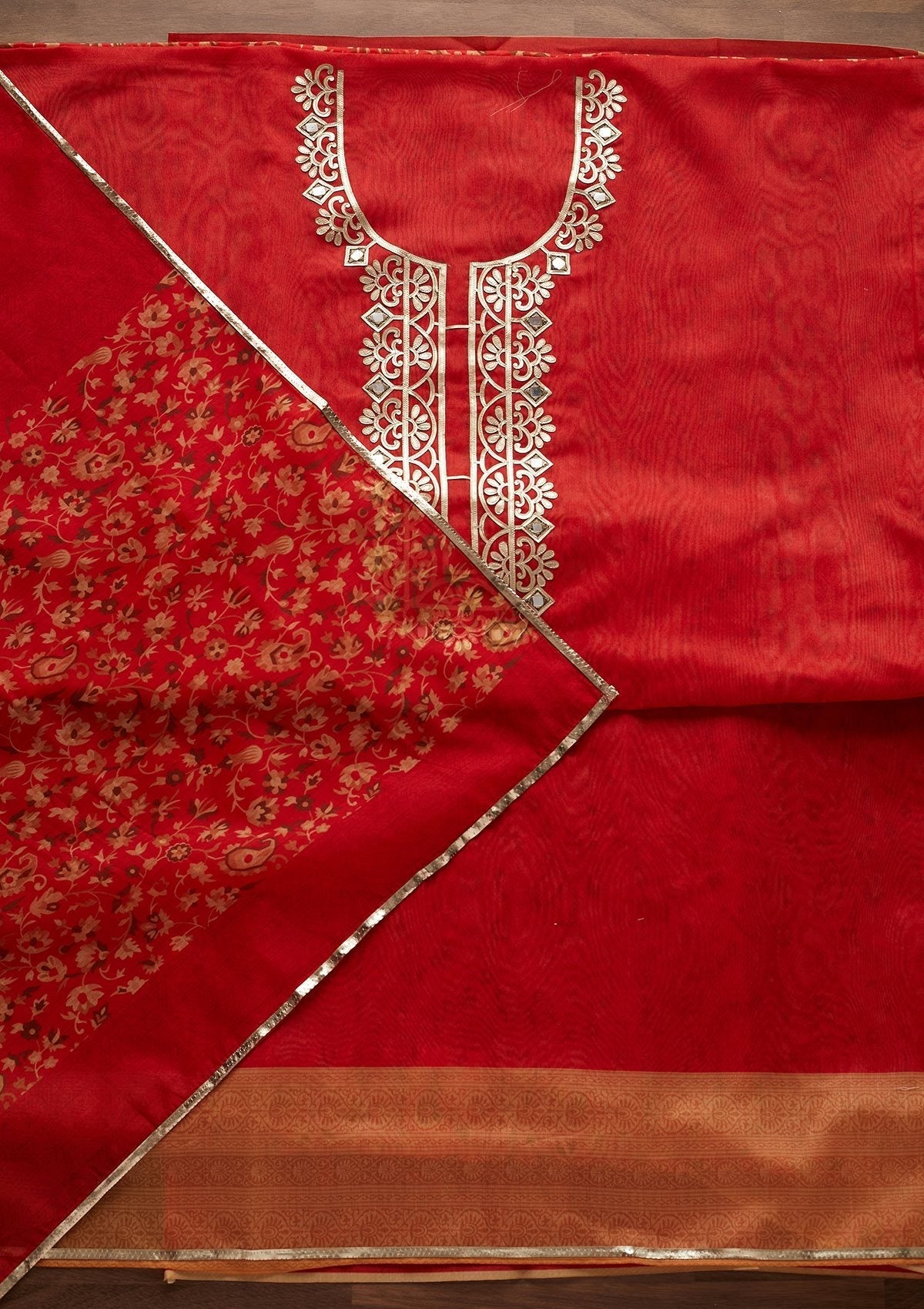Orange Gotapatti Semi Crepe Designer Unstitched Salwar Suit - Koskii