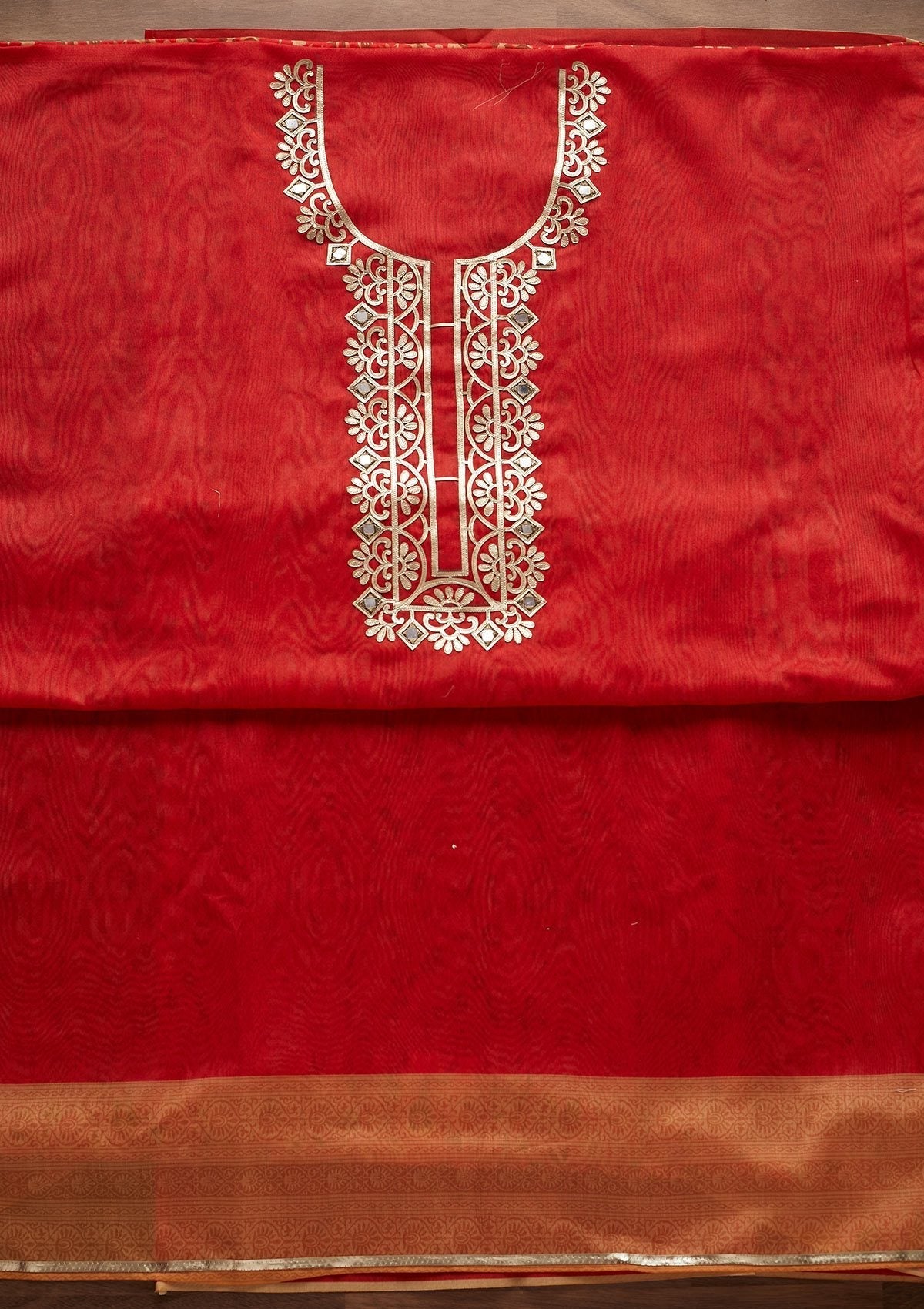 Orange Gotapatti Semi Crepe Designer Unstitched Salwar Suit - Koskii