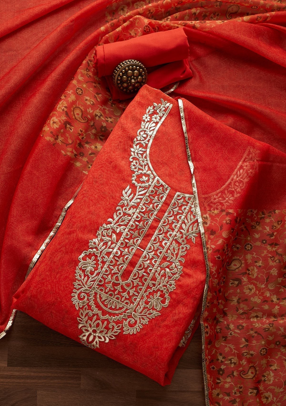 Orange Gotapatti Semi Crepe Designer Unstitched Salwar Suit - Koskii