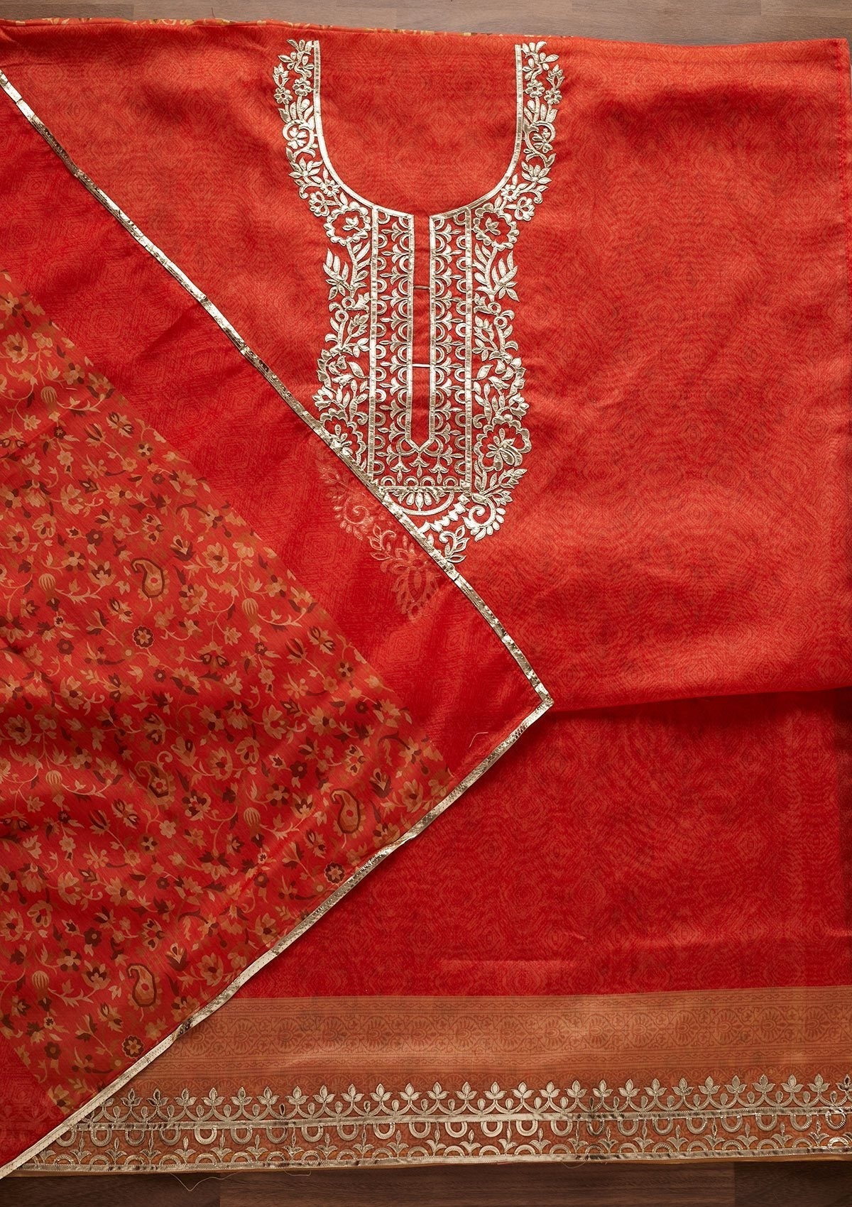 Orange Gotapatti Semi Crepe Designer Unstitched Salwar Suit - Koskii