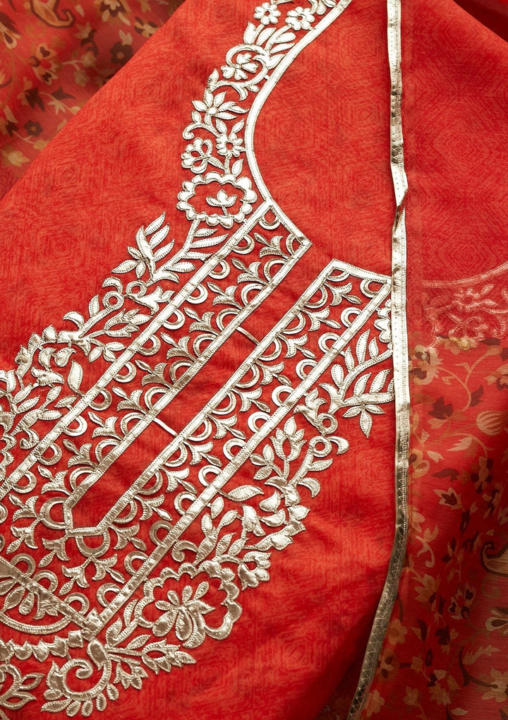 Orange Gotapatti Semi Crepe Designer Unstitched Salwar Suit - Koskii