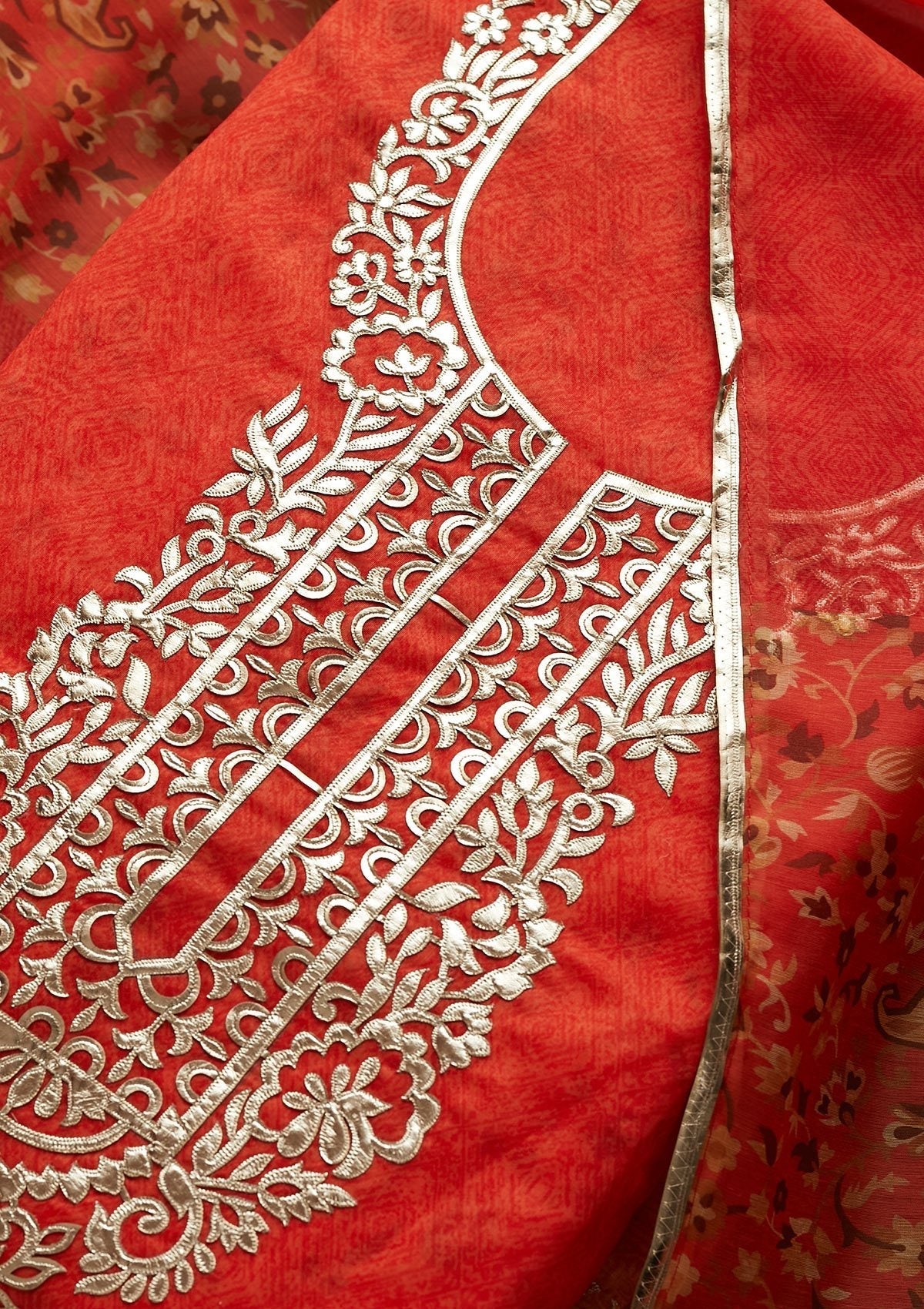 Orange Gotapatti Semi Crepe Designer Unstitched Salwar Suit - Koskii
