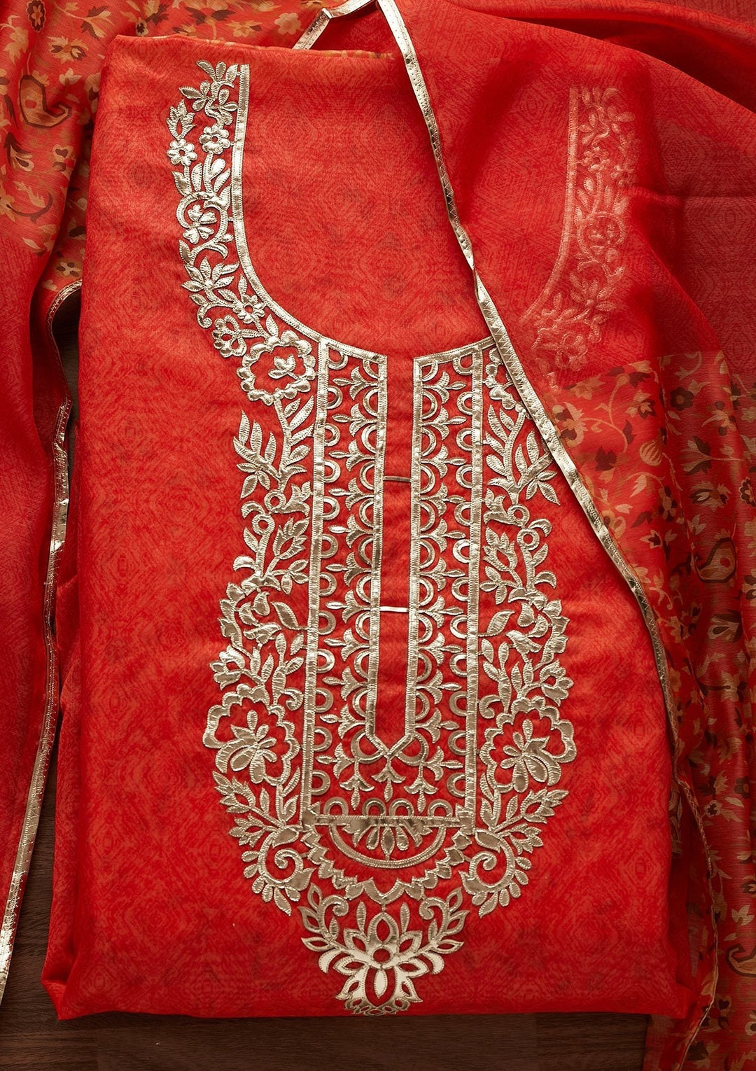 Orange Gotapatti Semi Crepe Designer Unstitched Salwar Suit - Koskii
