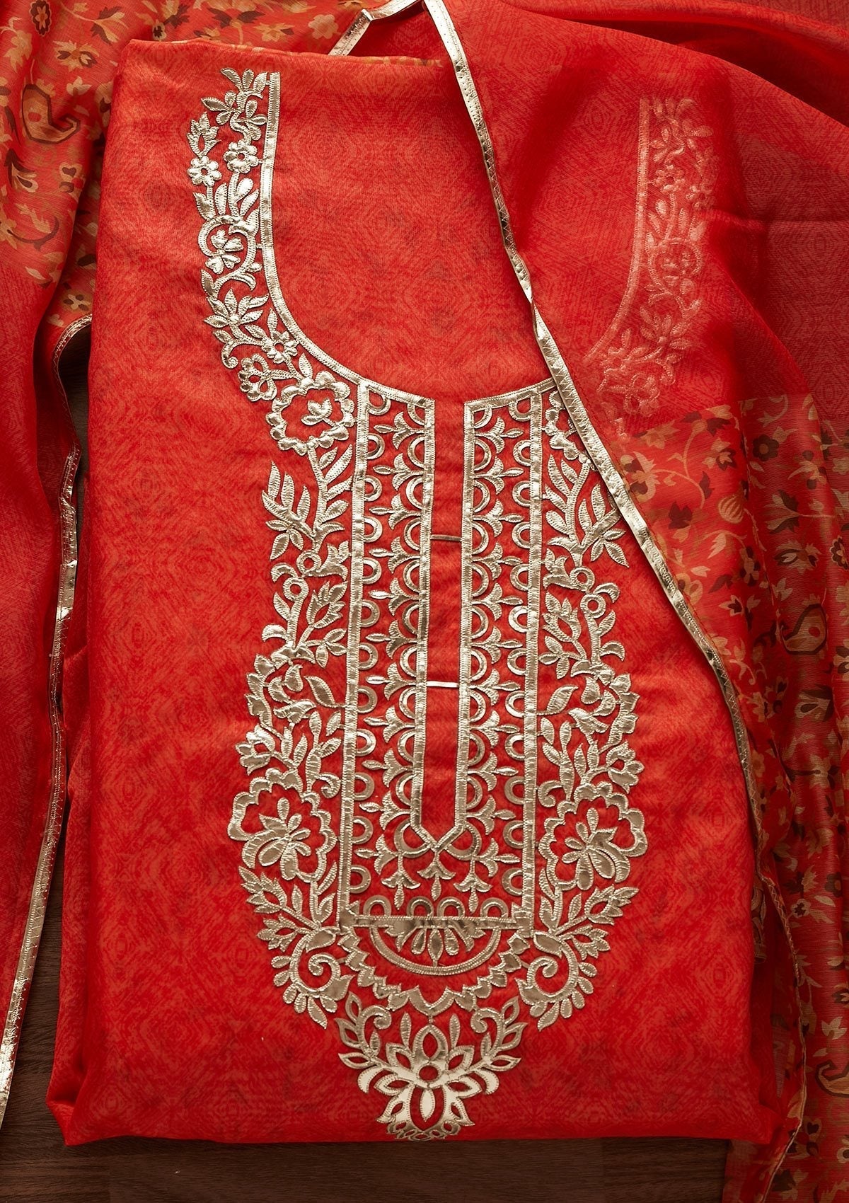 Orange Gotapatti Semi Crepe Designer Unstitched Salwar Suit - Koskii