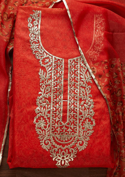 Orange Gotapatti Semi Crepe Designer Unstitched Salwar Suit - Koskii