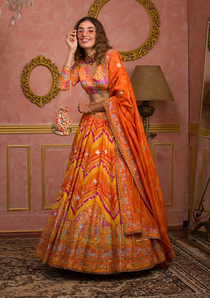 Orange Gotapatti Soft Silk Semi-Stitched Lehenga-Koskii