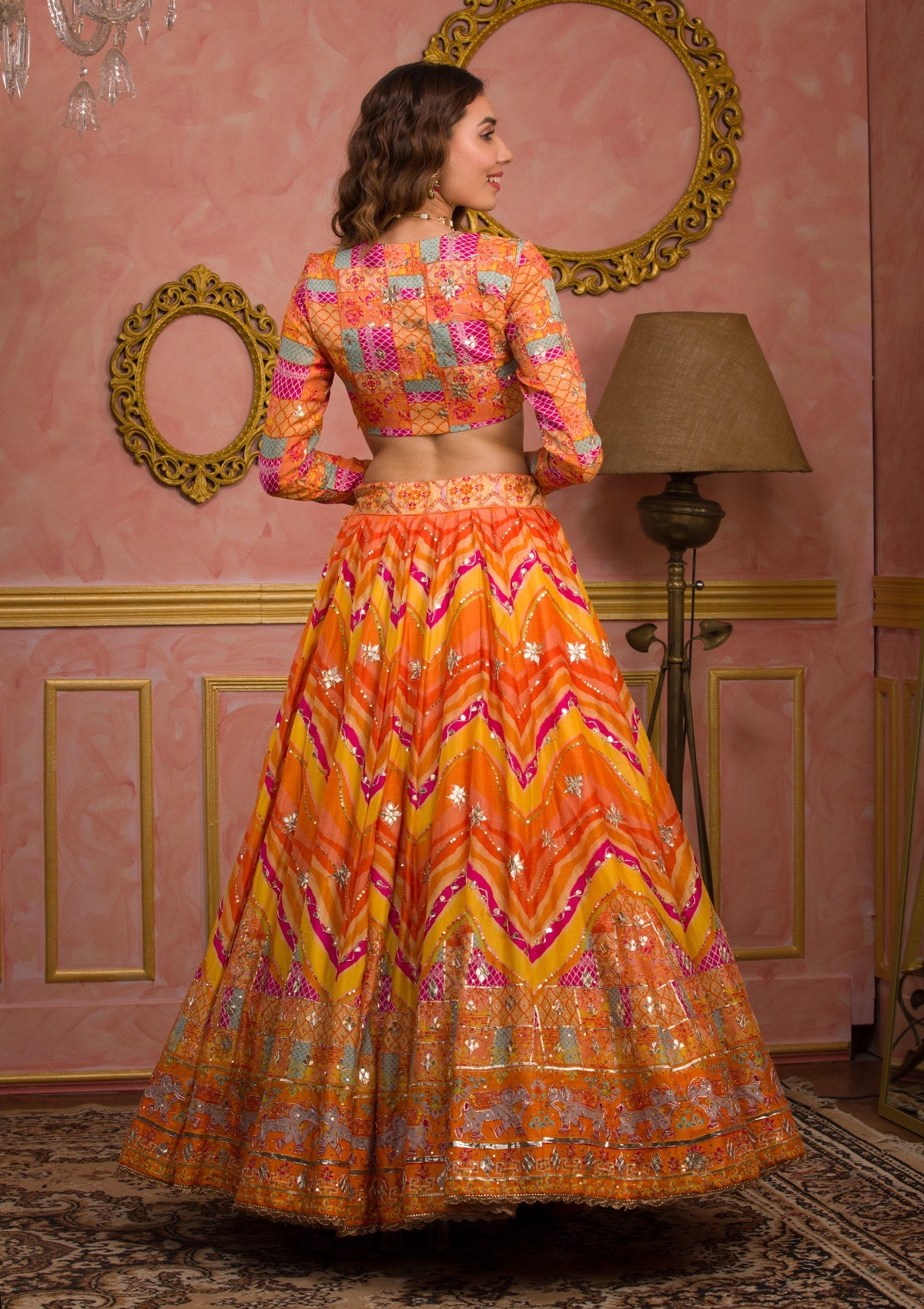 Orange Gotapatti Soft Silk Semi-Stitched Lehenga-Koskii