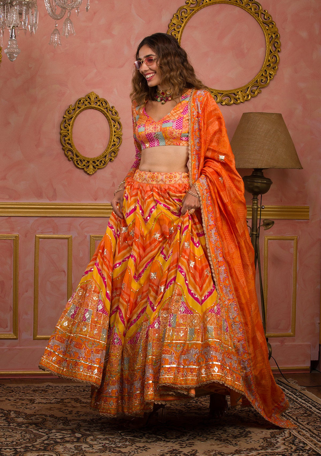 Orange Gotapatti Soft Silk Semi-Stitched Lehenga-Koskii