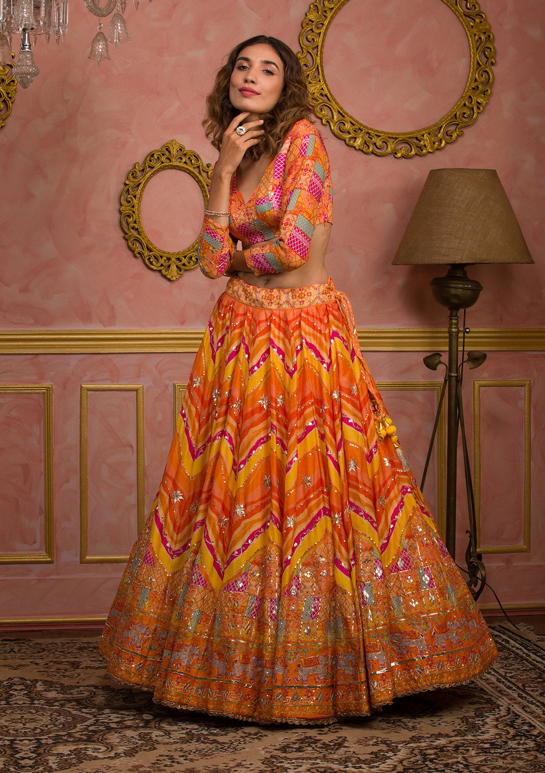 Orange Gotapatti Soft Silk Semi-Stitched Lehenga-Koskii