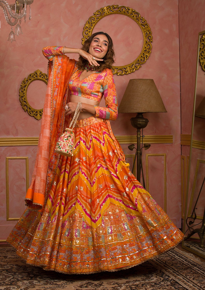 Orange Gotapatti Soft Silk Semi-Stitched Lehenga-Koskii
