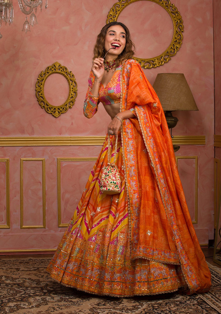 Orange Gotapatti Soft Silk Semi-Stitched Lehenga-Koskii