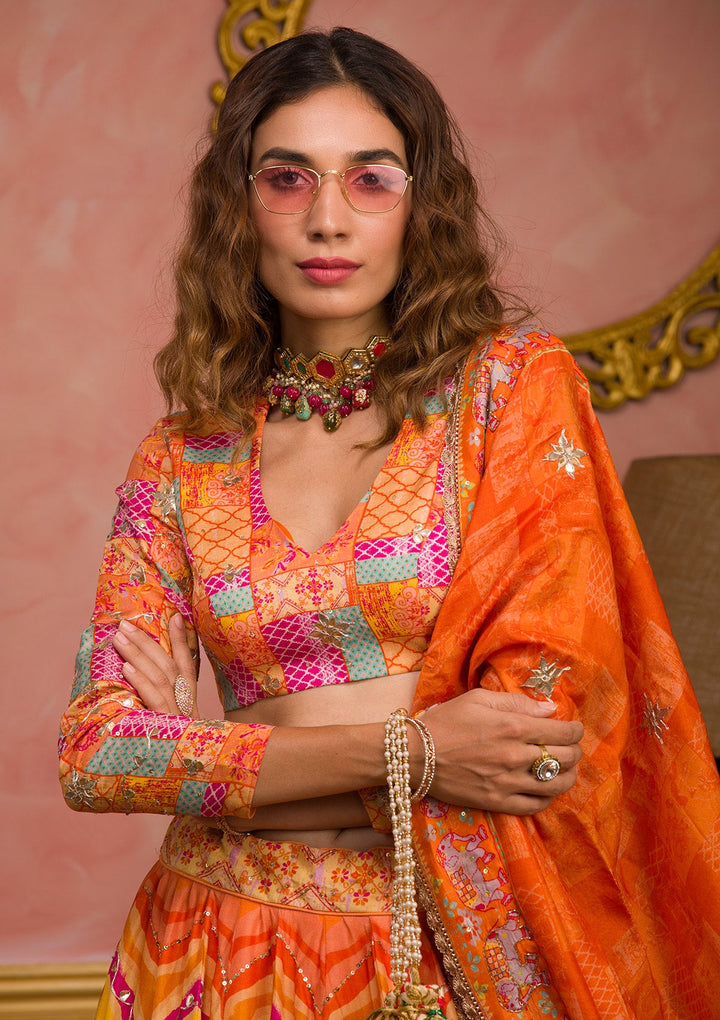 Orange Gotapatti Soft Silk Semi-Stitched Lehenga-Koskii