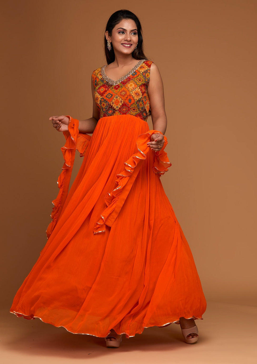 Orange Pearlwork Georgette Designer Salwar Suit - Koskii