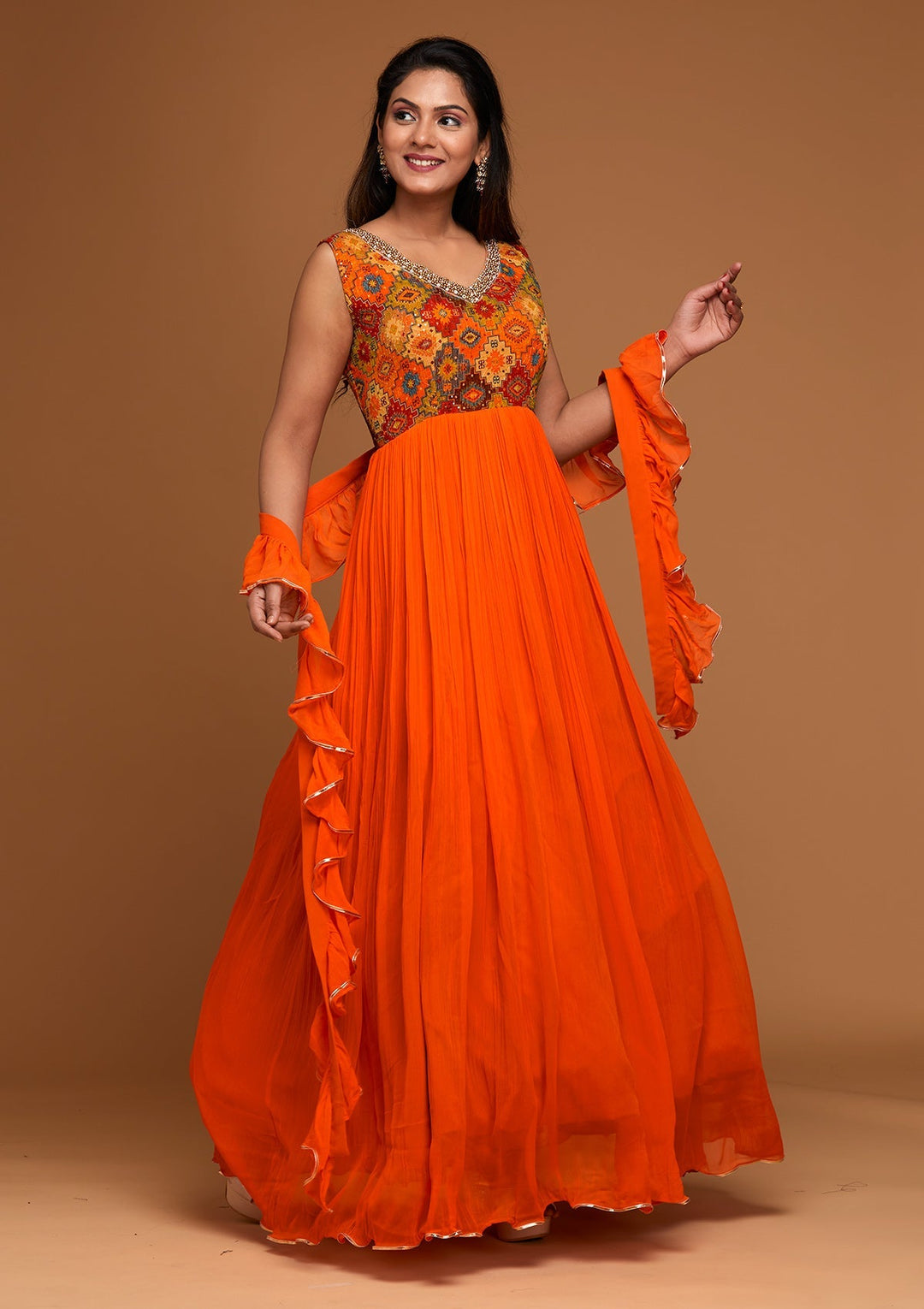 Orange Pearlwork Georgette Designer Salwar Suit - Koskii